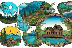 house on the lake and the outskirts of the forest in the mountains with animals on the edge tattoo idea
