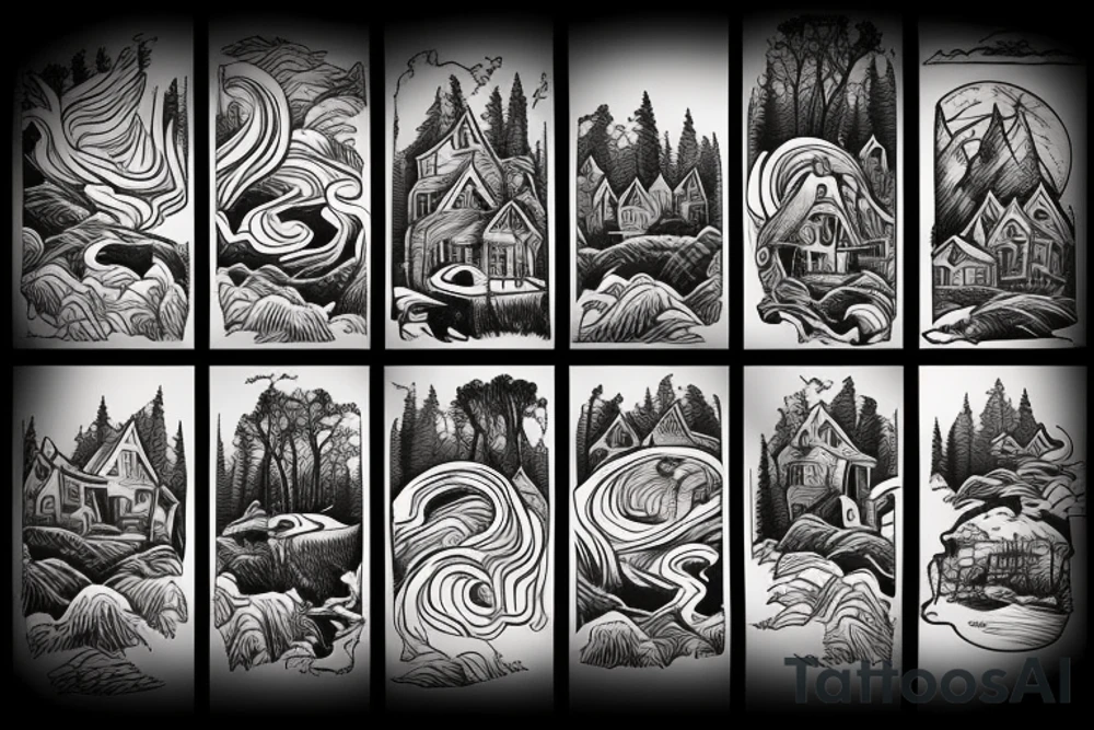 a house on the shore of the lake and the outskirts of the forest in the mountains with animals on the edge in the form of a sleeve. tattoo idea