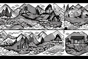 a house on the shore of the lake and the outskirts of the forest in the mountains with animals on the edge in the form of a sleeve. tattoo idea