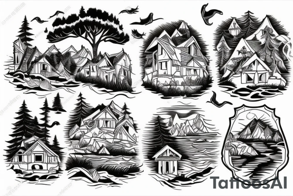 a house on the shore of the lake and the outskirts of the forest in the mountains with animals on the edge in the form of a sleeve. tattoo idea