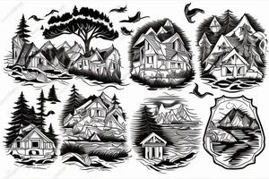 a house on the shore of the lake and the outskirts of the forest in the mountains with animals on the edge in the form of a sleeve. tattoo idea