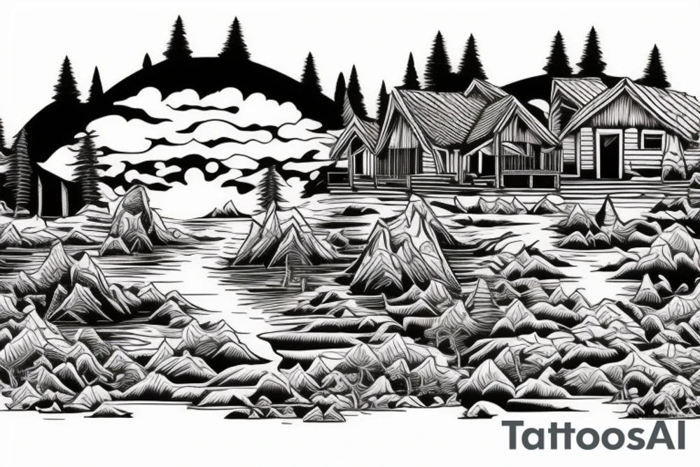 a house on the shore of the lake and the outskirts of the forest in the mountains with animals on the edge in the form of a sleeve. tattoo idea