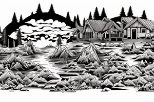 a house on the shore of the lake and the outskirts of the forest in the mountains with animals on the edge in the form of a sleeve. tattoo idea