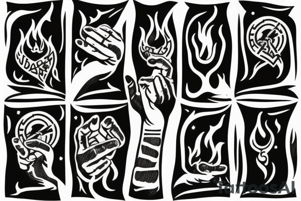 A hand holding fire with a banner tattoo idea