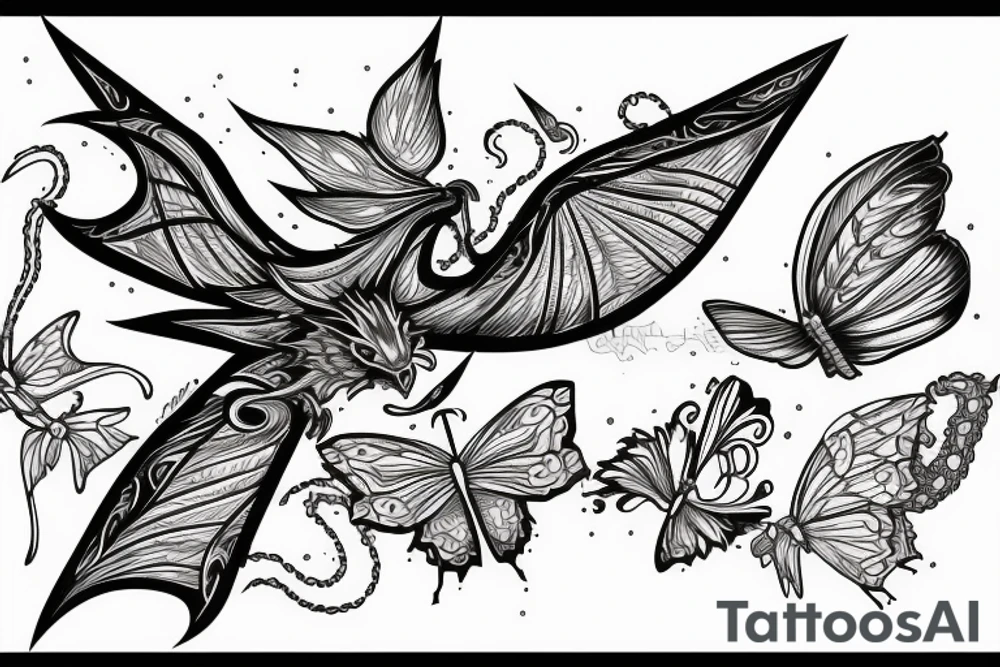 Sword with dragon and butterflies flying around tattoo idea