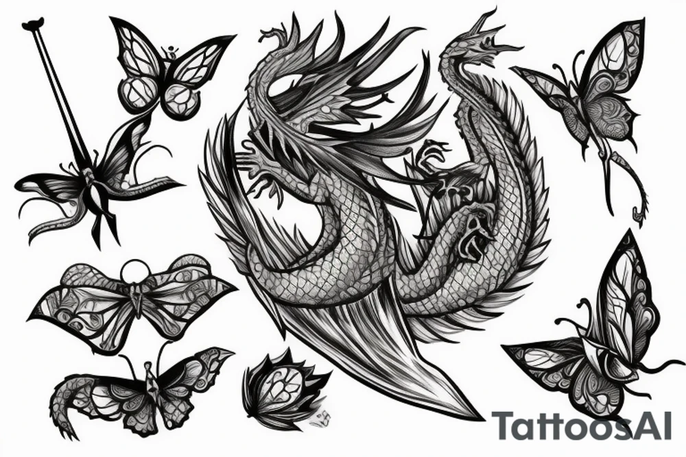 Sword with dragon and butterflies flying around tattoo idea