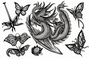 Sword with dragon and butterflies flying around tattoo idea