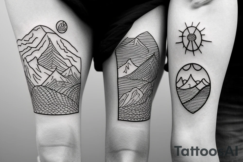 Outline of family hiking in mountains tattoo idea