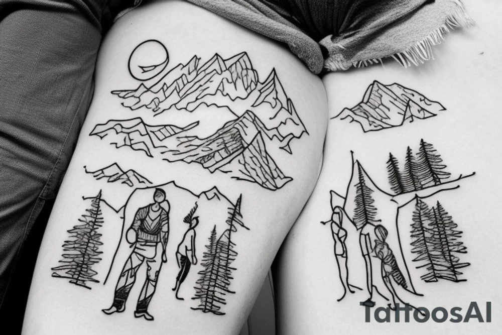 Outline of family hiking in mountains tattoo idea