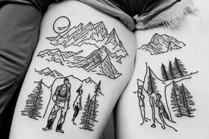 Outline of family hiking in mountains tattoo idea