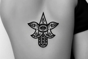 A very basic simple hamsa tattoo with Teddy and Liora written
 in it tattoo idea