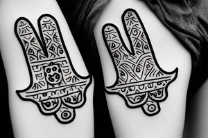 A very basic simple hamsa tattoo with Teddy and Liora written
 in it tattoo idea