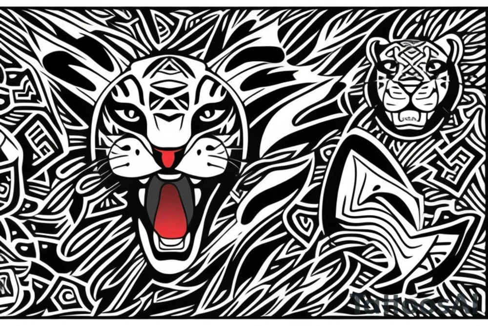Jaguar head surrounded by amazonial tribal signs tattoo idea