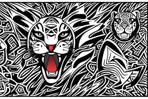 Jaguar head surrounded by amazonial tribal signs tattoo idea