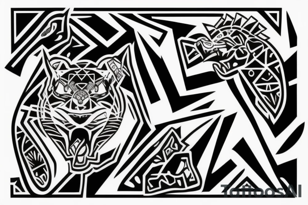 Jaguar head surrounded by amazonial tribal signs tattoo idea