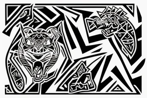 Jaguar head surrounded by amazonial tribal signs tattoo idea