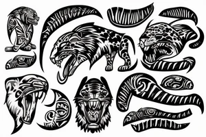 Jaguar head surrounded by amazonial tribal signs tattoo idea