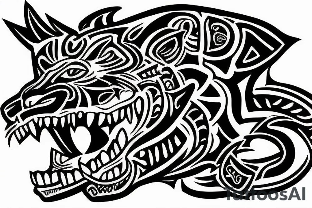 Jaguar head surrounded by amazonial tribal signs tattoo idea