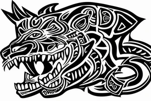 Jaguar head surrounded by amazonial tribal signs tattoo idea