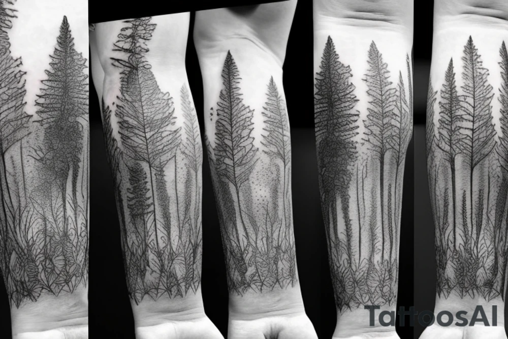 Sleeve of a forest around the leg
Roots starting from the bottom, growing into trees as it goes up tattoo idea