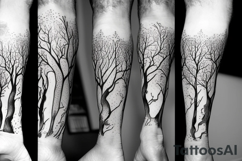 Sleeve of a forest around the leg
Roots starting from the bottom, growing into trees as it goes up tattoo idea