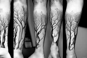Sleeve of a forest around the leg
Roots starting from the bottom, growing into trees as it goes up tattoo idea