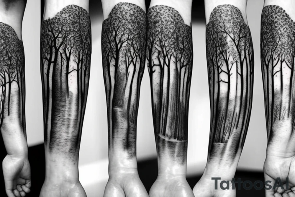 Sleeve of a forest around the leg
Roots starting from the bottom, growing into trees as it goes up tattoo idea