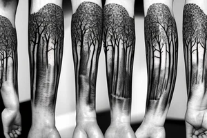 Sleeve of a forest around the leg
Roots starting from the bottom, growing into trees as it goes up tattoo idea