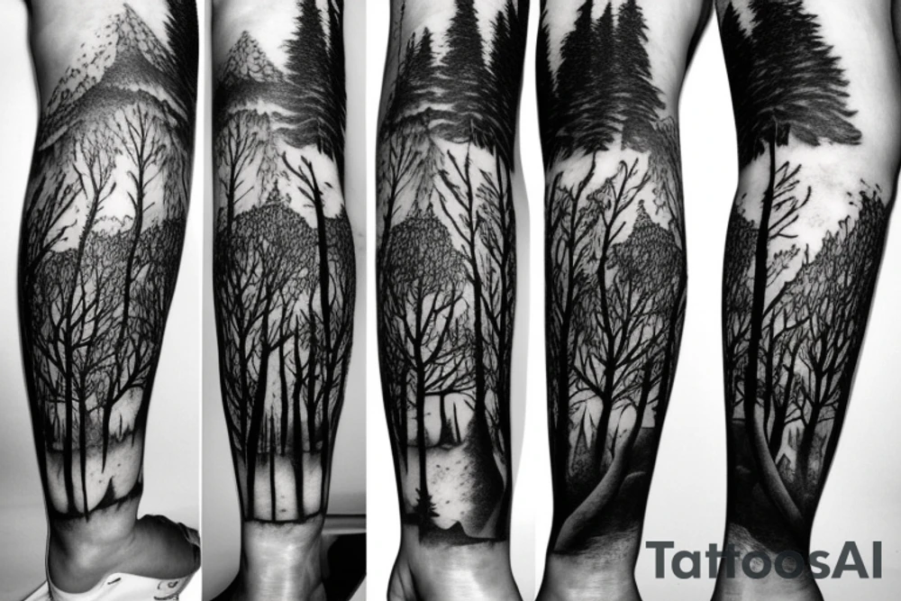 Sleeve of a forest around the leg
Roots starting from the bottom, growing into trees as it goes up tattoo idea