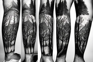 Sleeve of a forest around the leg
Roots starting from the bottom, growing into trees as it goes up tattoo idea