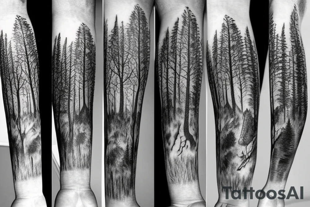 Sleeve of a forest around the leg
Roots starting from the bottom, growing into trees as it goes up tattoo idea