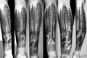 Sleeve of a forest around the leg
Roots starting from the bottom, growing into trees as it goes up tattoo idea