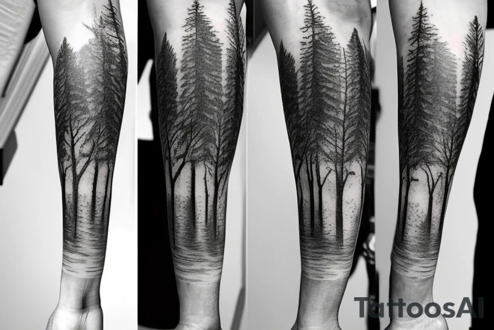 Sleeve of a forest around the leg
Roots starting from the bottom, growing into trees as it goes up tattoo idea