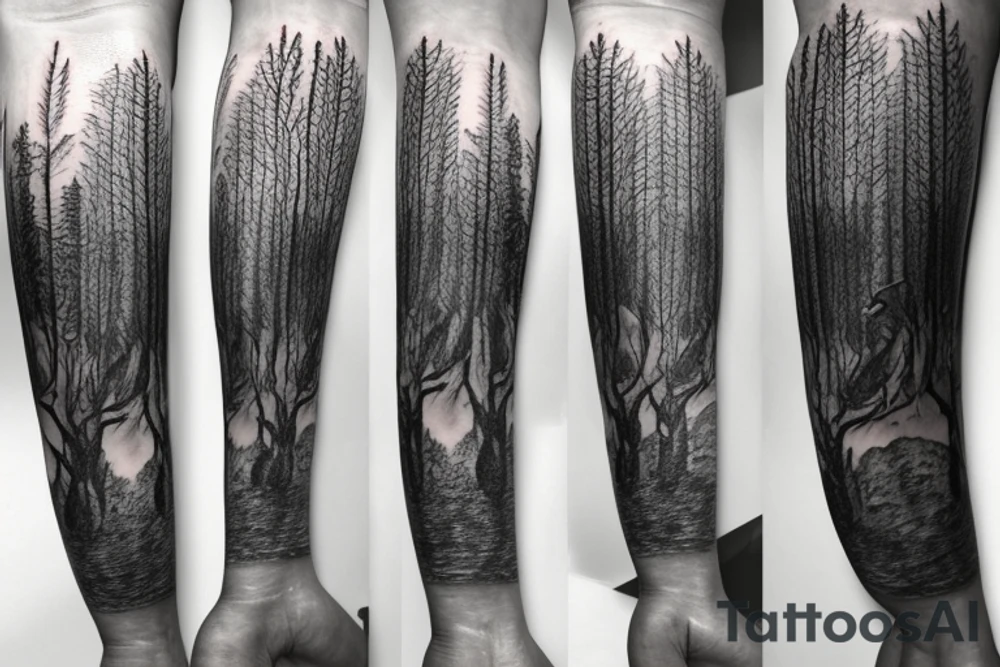 Sleeve of a forest around the leg
Roots starting from the bottom, growing into trees as it goes up tattoo idea