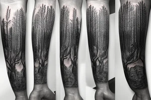 Sleeve of a forest around the leg
Roots starting from the bottom, growing into trees as it goes up tattoo idea
