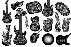 An electric Guitar with a music Shart around tattoo idea