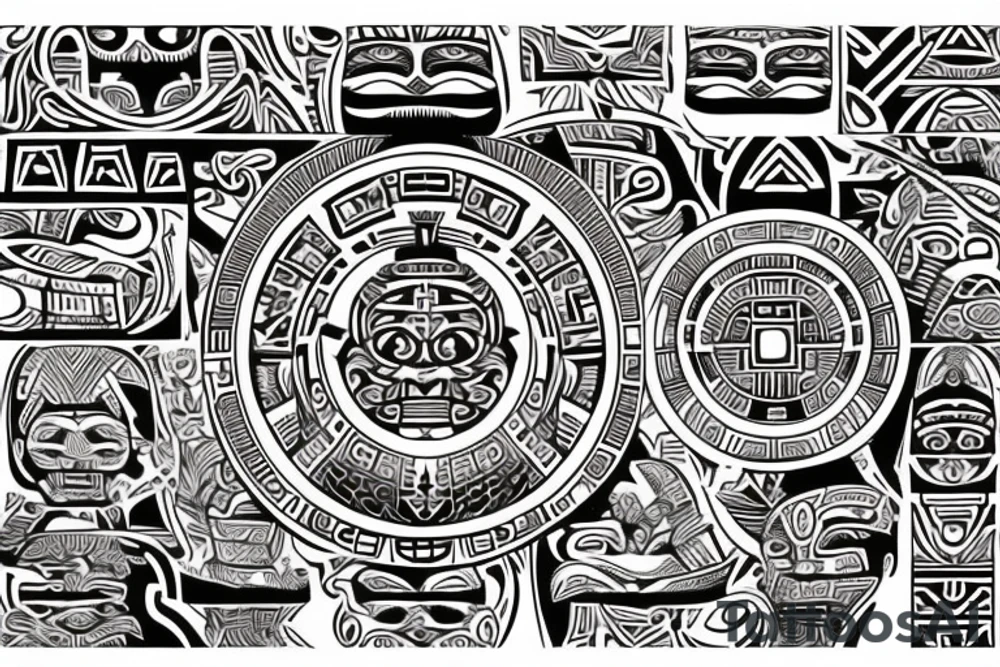 aztec calendar design with polynesian tribal tattoo idea