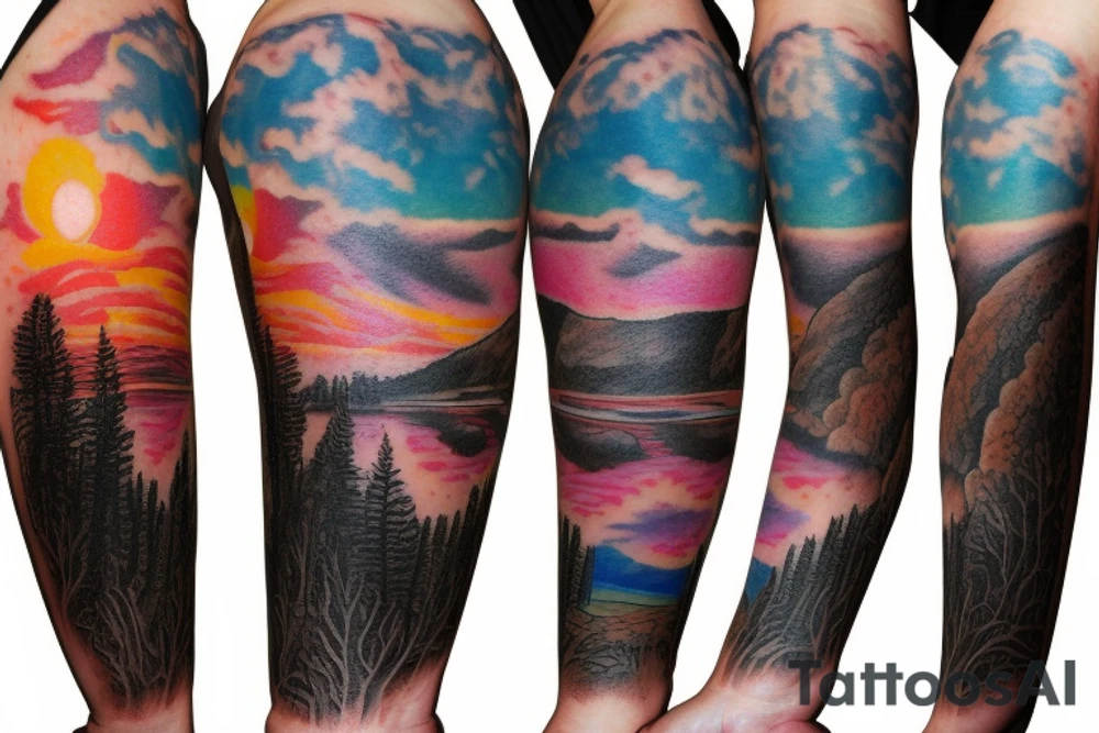 On my left arm, a sleeve tattoo of the Murray River during sunset. tattoo idea