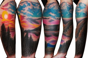 On my left arm, a sleeve tattoo of the Murray River during sunset. tattoo idea
