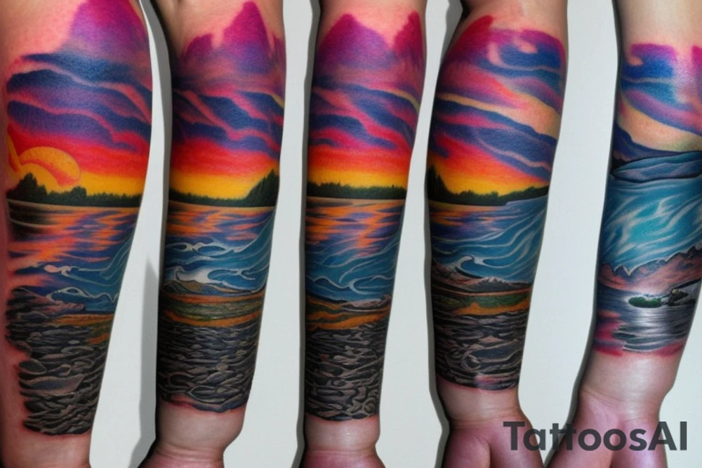 On my left arm, a sleeve tattoo of the Murray River during sunset. tattoo idea