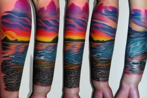 On my left arm, a sleeve tattoo of the Murray River during sunset. tattoo idea