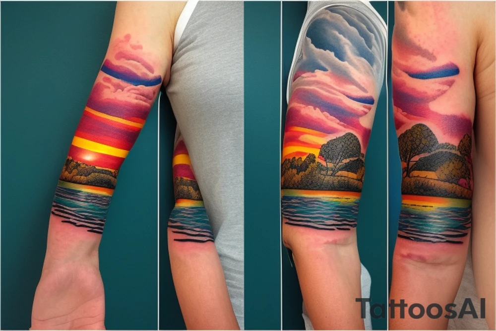 On my left arm, a sleeve tattoo of the Murray River during sunset. tattoo idea