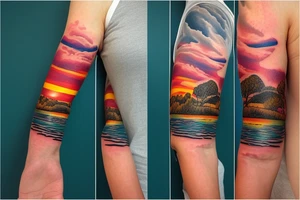 On my left arm, a sleeve tattoo of the Murray River during sunset. tattoo idea
