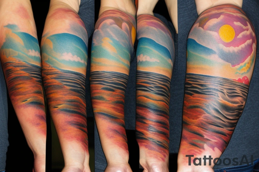 On my left arm, a sleeve tattoo of the Murray River during sunset. tattoo idea