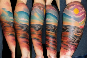 On my left arm, a sleeve tattoo of the Murray River during sunset. tattoo idea