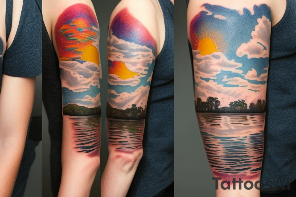 On my left arm, a sleeve tattoo of the Murray River during sunset. tattoo idea