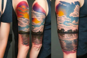 On my left arm, a sleeve tattoo of the Murray River during sunset. tattoo idea