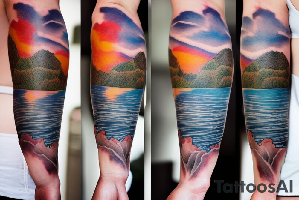 On my left arm, a sleeve tattoo of the Murray River during sunset. tattoo idea