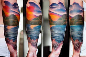 On my left arm, a sleeve tattoo of the Murray River during sunset. tattoo idea