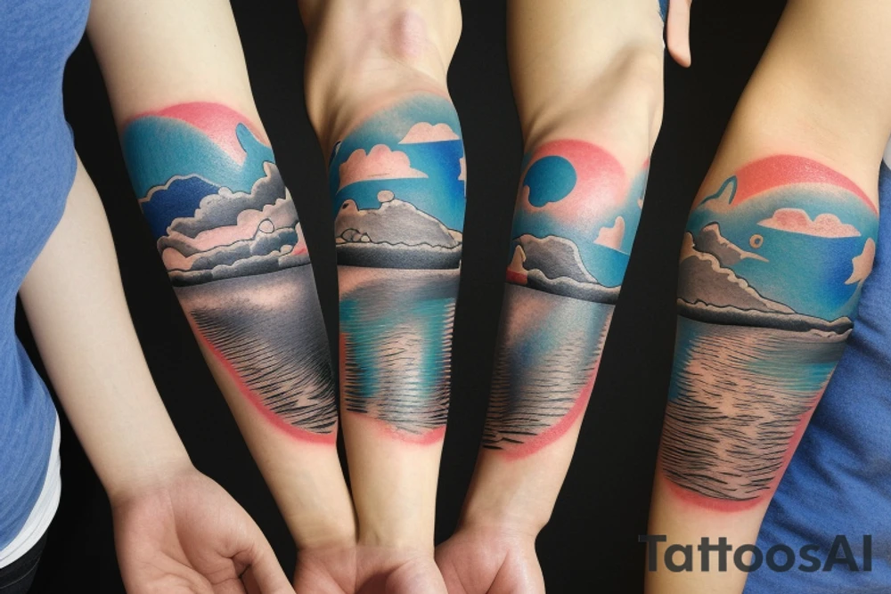 On my left arm, a sleeve tattoo of the Murray River during sunset. tattoo idea